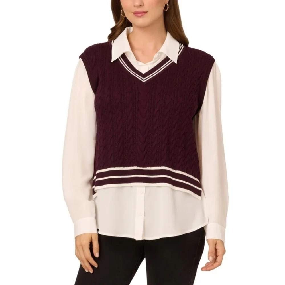 NWT Adrianna Papell Women's XL Purple Cable Knit Sweater Vest Blouse Combo